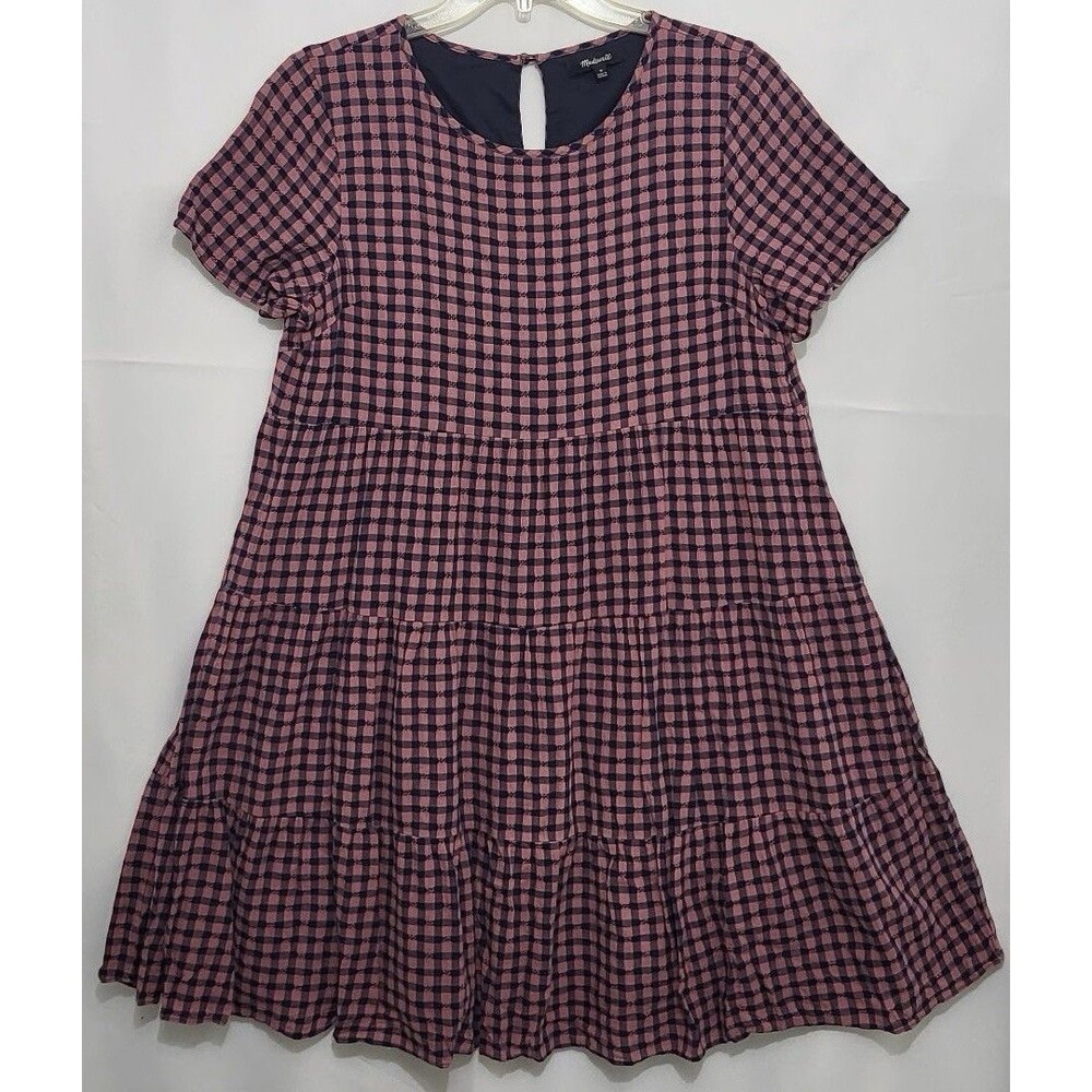 Madewell Womens Medium Pink Navy Gingham Tiered Mini Dress Short Sleeve
